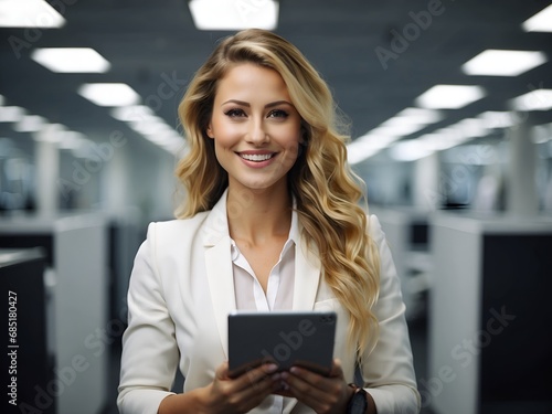 Happy female professional holding a tablet in an office