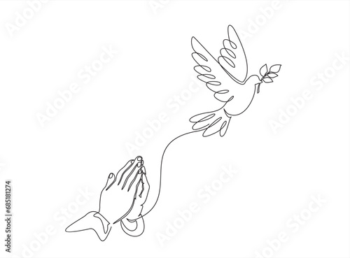 Continuous single one line drawing of Man Hands Pressed Together in Prayer Position and Flying Dove. Pray for peace. Action for Prayer, Gratitude and Thankful Isolated on White Background