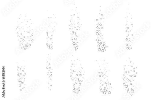Effervescent water fizzing bubbles on white background. Fizzy sparkles. Isolated vector set.