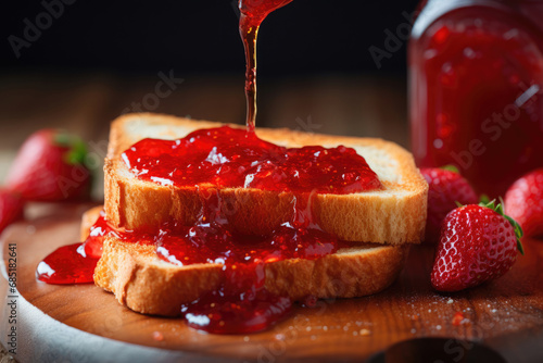 Toasted bread with strawberry jam photo