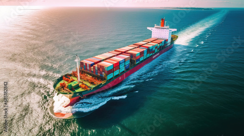 Aerial View Of A Large Container Ship Sailing in The Ocean Seascape Background