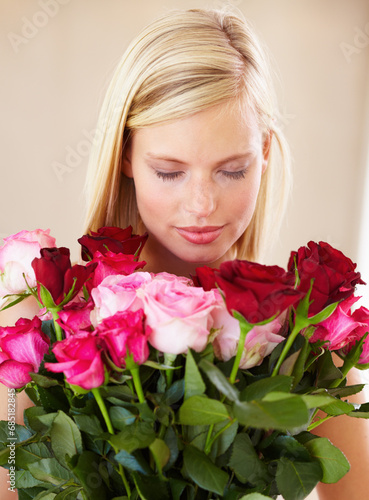 Canvastavla Woman, rose bouquet and eyes closed with face, beauty and arrangement with studio background, happy or gift