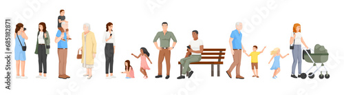 Set of zoo visitors in row. Cartoon characters, adult man and woman, happy children. Male is sitting on bench, female is walking with baby stroller. Vector illustration. Isolated on white background