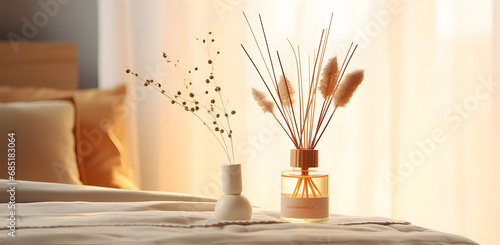 aromatherapy reed diffuser in front of bed  ai generative photo