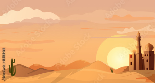 Traditional arabian mosque in sand dune desert. Sunrise, sunset in Sahara. Islamic muslim temple, traveling and pilgrimage across middle east. Scenic landscape. Vector illustration photo
