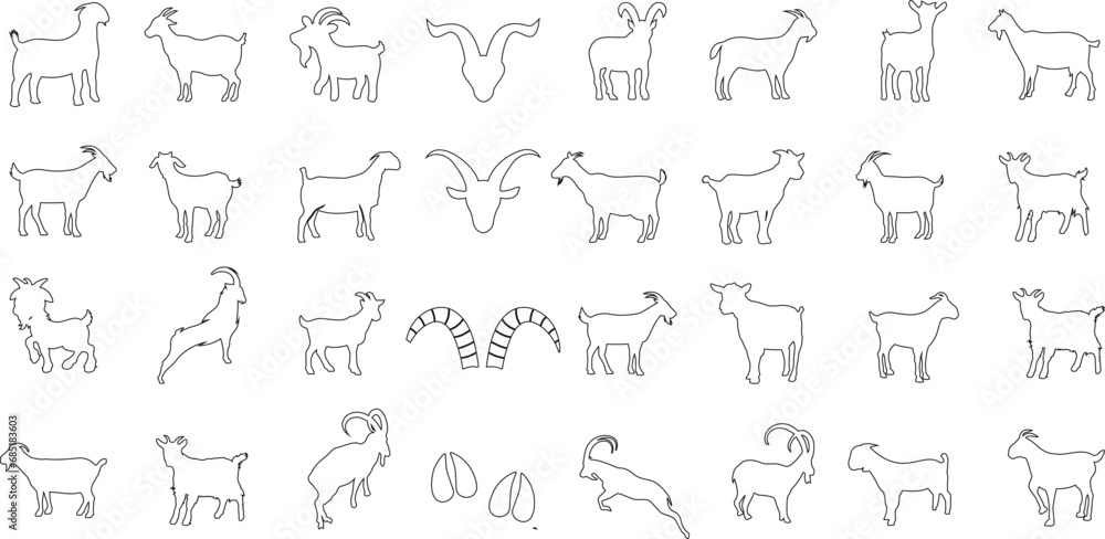 Goat, line art, vector illustration, black and white, minimalistic, modern, trendy, farm animal, nature, horns, hooves, standing, walking, grazing, eating, resting, multiple poses, variations