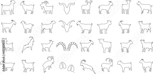 Goat, line art, vector illustration, black and white, minimalistic, modern, trendy, farm animal, nature, horns, hooves, standing, walking, grazing, eating, resting, multiple poses, variations