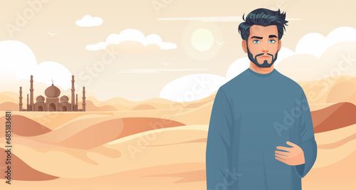 Cartoon young saudian man portrait in traditional wear standing at sahara desert panoramic view, outdoor scenic landscape, arabic sand dune. Holiday resort. Vector illustration photo
