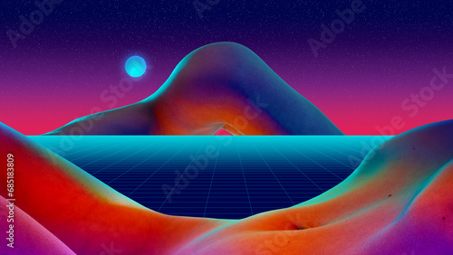 Contemporary art collage. Minimal design. Female nude body parts like nature landscape of mountain view in neon with digital background.