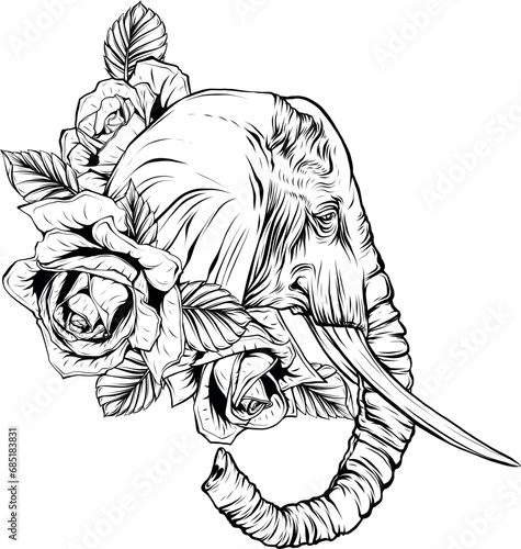 blacka and white illustration of Elephant head photo
