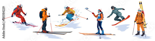 Set of winter skier in various position. Collection of sportsman doing sport activity. Extreme outdoor activity. Youth competition. Cartoon design. Isolated on white background. Vector illustration