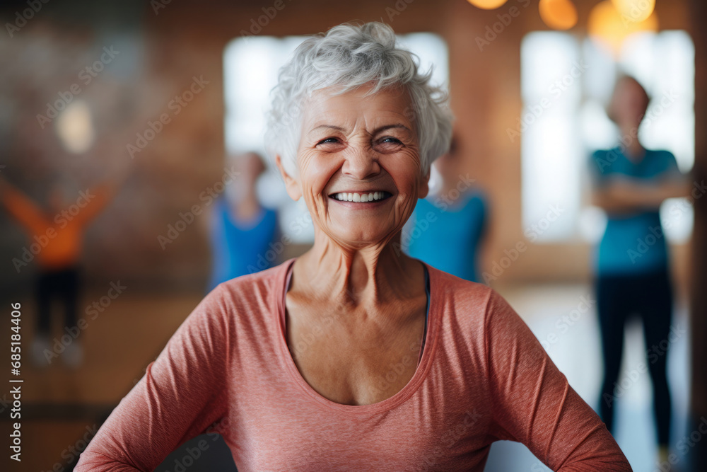 Happy senior woman attending yoga class with smile and positive attitude Happy senior woman attending yoga class with smile and positive attitude