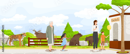 Cartoon zoo, wildlife animals, green nature. Cute bear, tiger character. Summer season. Grandmother with granddaughter, mother with son are staying in queue for tickets. Vector illustration
