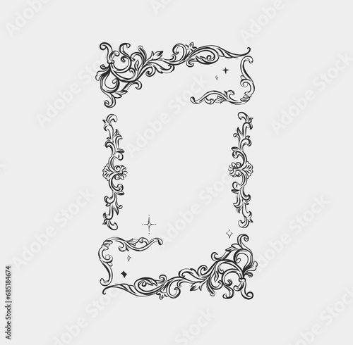 Hand drawn vector abstract outline,graphic,line vintage baroque ornament floral frame in calligraphic elegant modern style.Baroque floral vintage outline design concept.Vector antique frame isolated.