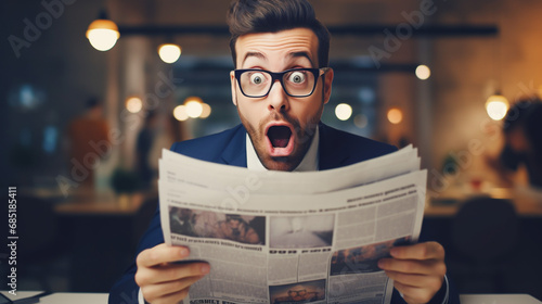 Shocked man reading morning newspaper.  photo