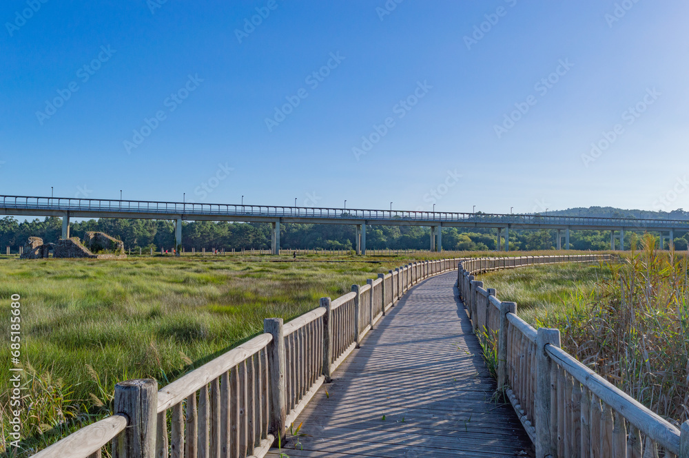 wooden walkway or bridge over the marshes