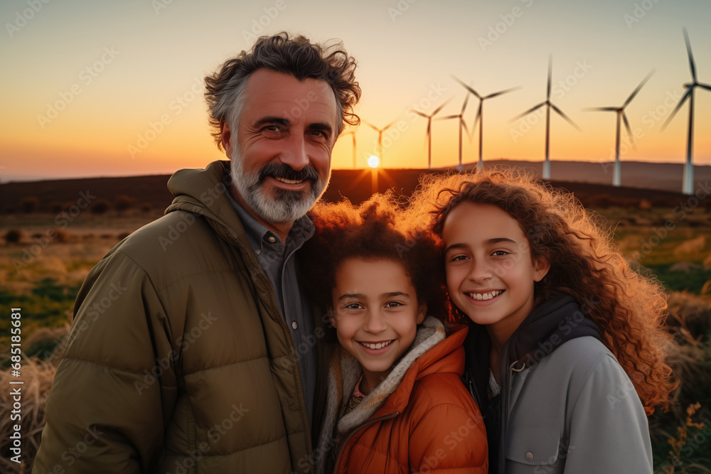 Father and daughters standing in nature with windmills. Alternative energy and sustainable energy