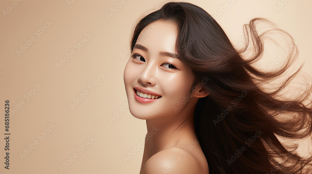 Hasselblad portrait photography of asian woman with clean healthy skin on beige background. Smiling dreamy beautiful woman. wawy hair style. Hasselblad portrait photography of asian woman with clean healthy skin on beige background. Smiling dreamy beautiful woman. wawy hair style.