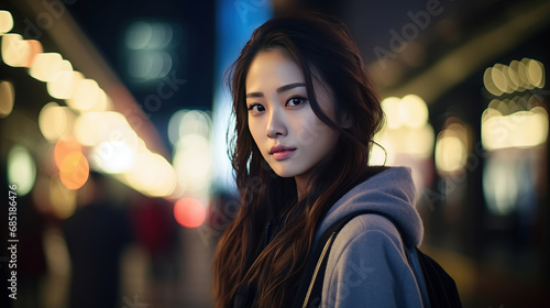 Hasselblad portrait photography of Beautiful asian women in the city at night with bokeh.