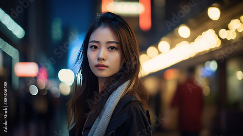 Hasselblad portrait photography of Beautiful asian women in the city at night with bokeh.