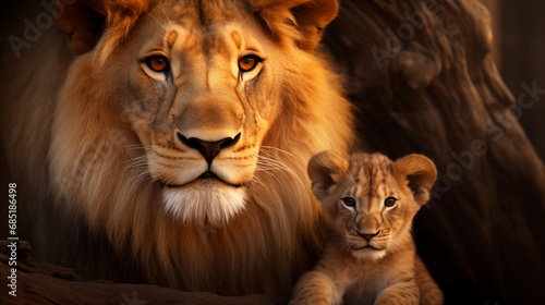 A proud  handsome male African lion lies in the savannah with his cub. Close-up portrait of lions in nature. Wild animal protection concept. Banner