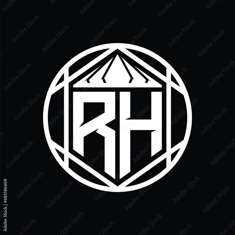RH Letter Logo monogram hexagon slice crown sharp shield shape isolated circle abstract style design RH Letter Logo monogram hexagon slice crown sharp shield shape isolated circle abstract style design