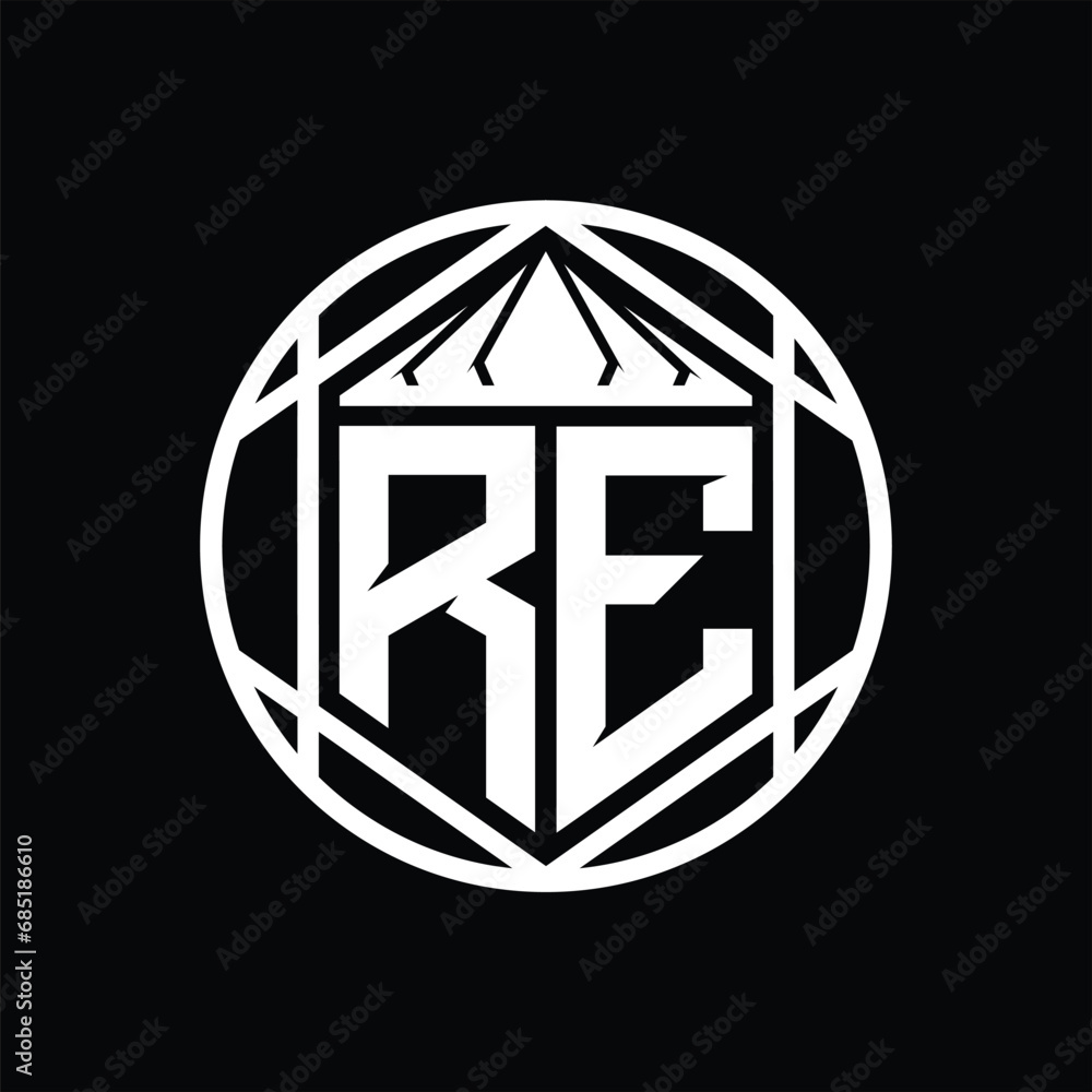 RE Letter Logo monogram hexagon slice crown sharp shield shape isolated circle abstract style design RE Letter Logo monogram hexagon slice crown sharp shield shape isolated circle abstract style design