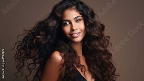 photography of Beautiful Indian girl with long shiny curly hair . Beautiful smiling woman model wavy hairstyle . Cosmetology, cosmetics and make-up.