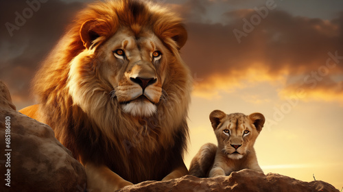 A proud  handsome male African lion lies in the savannah with his cub. Close-up portrait of lions in nature. Wild animal protection concept. Banner