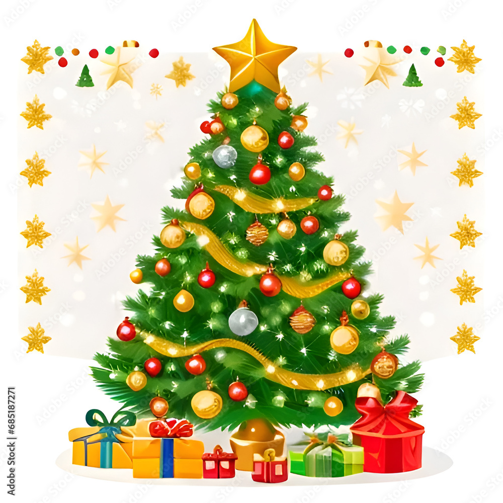 Obraz premium christmas tree with gift boxes and smal and big star png