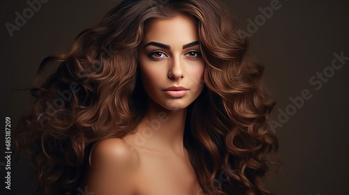 photography of Beauty brunette girl with long shiny curly hair . Beautiful smiling woman model wavy hairstyle . Cosmetology, cosmetics and make-up. photo