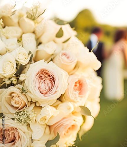Beautiful luxury wedding table decoration idea and inspiration with flowers and generic stylised design for a summer wedding celebration outdoors in the English style floral garden. Generative Ai