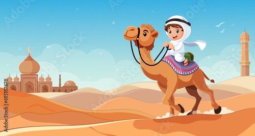 Arabian kid rider mounted brown camel travel around Sahara desert. Decorated saddle. Boy upon wildlife animal with hump. Safari transportation. Vector illustration