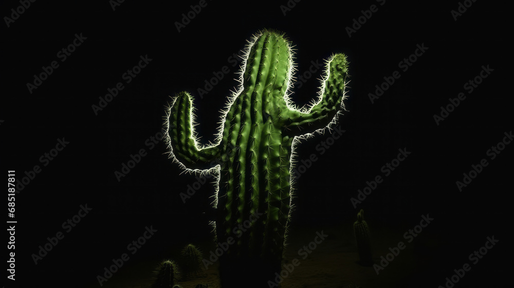 Cactus in the form of a human body. Anthropomorphic cactus with arms and head. Mexican desert. Night Cactus in the form of a human body. Anthropomorphic cactus with arms and head. Mexican desert. Night
