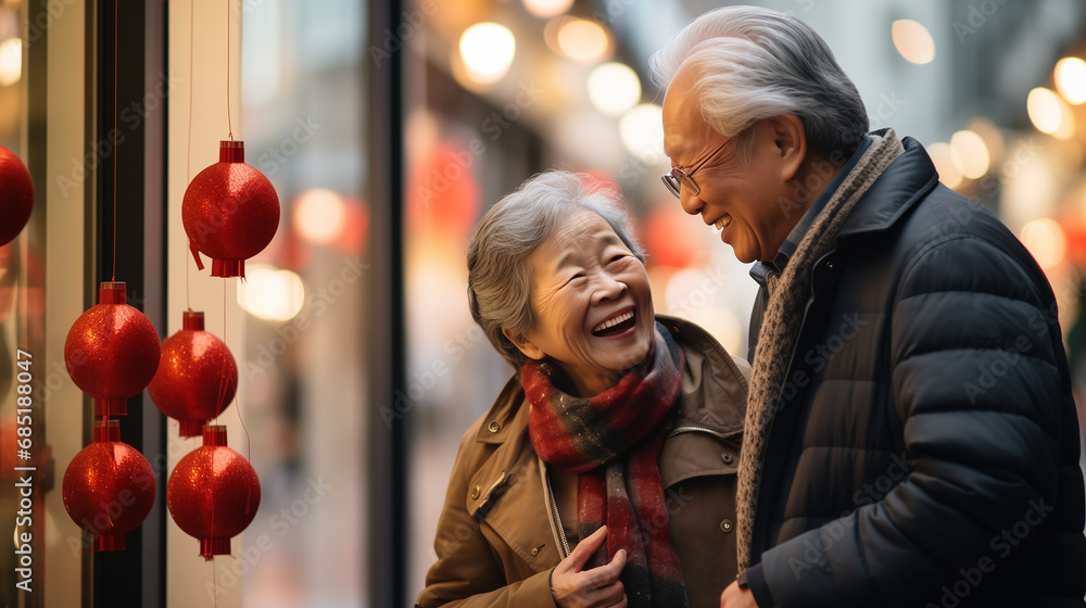A happy elderly Chinese couple walks down the street near the Christmas windows. Portrait of a smiling man and a woman looking at each other. The concept of love and relationships, people and holidays