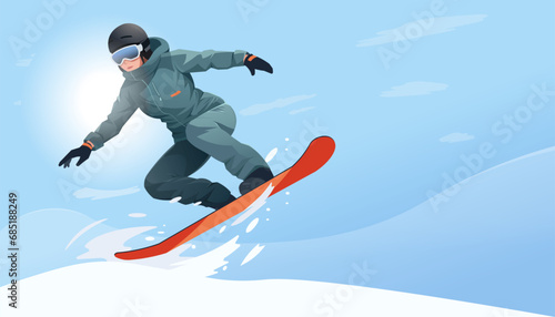 Jumping snowboarder in warm sport suit showing trick on snowboard. Special extreme equipment. Snowboarding concept. Downhill slope. Winter holiday active lifestyle. Vector illustration