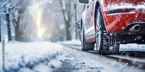 snow covered car,Car With Snow Chains in Winter,Close-up of car wheels rubber tires in deep winter snow. transportation and safety concept,Winter tire detail of car tires in winter on the road covered © Imran