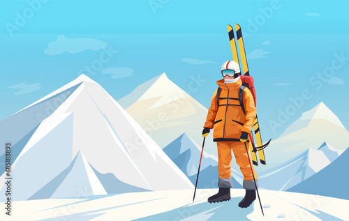 Resting skier in warm winter orange sport suit standing in full equipment near downhill. Picturesque mountain landscape in background. Active lifestyle. Ice peak. Ski resort. Vector illustration