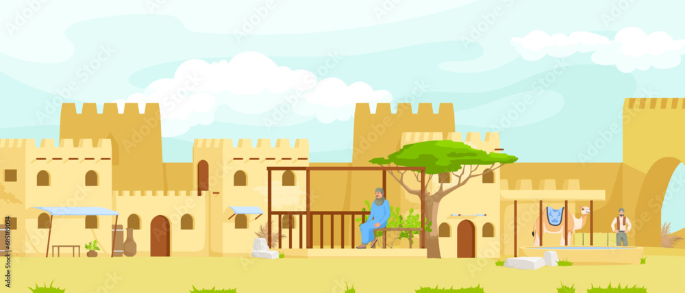 Arabian small town cityscape architecture, cartoon buildings, muslim antique mosque, traditional town. Camel caravan with bedouin. Authentic middle east religion urban house. Vector illustration