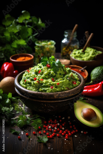 Guacamole on wooden table surrounded by its ingredients.