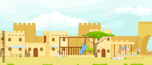 Arabian small town cityscape architecture, cartoon buildings, muslim antique mosque, traditional town. Camel caravan with bedouin. Authentic middle east religion urban house. Vector illustration