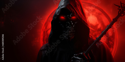 vampire in the night,Landscape with red hooded wizard with red lights in his eyes, medieval castle in the background,A shadow in the form of a person composed of pure darkness except for hot glowing y