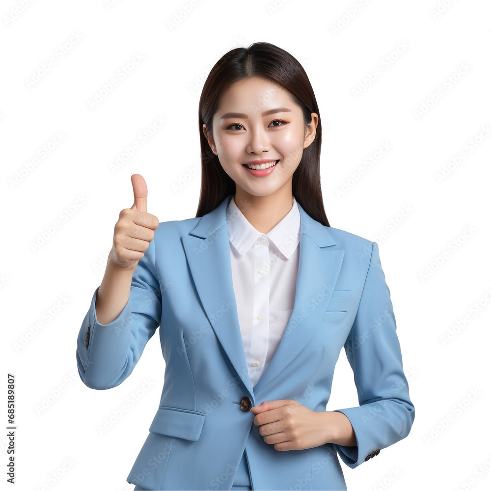 Business asian woman with thumb up gesture isolated on transparent background Business asian woman with thumb up gesture isolated on transparent background