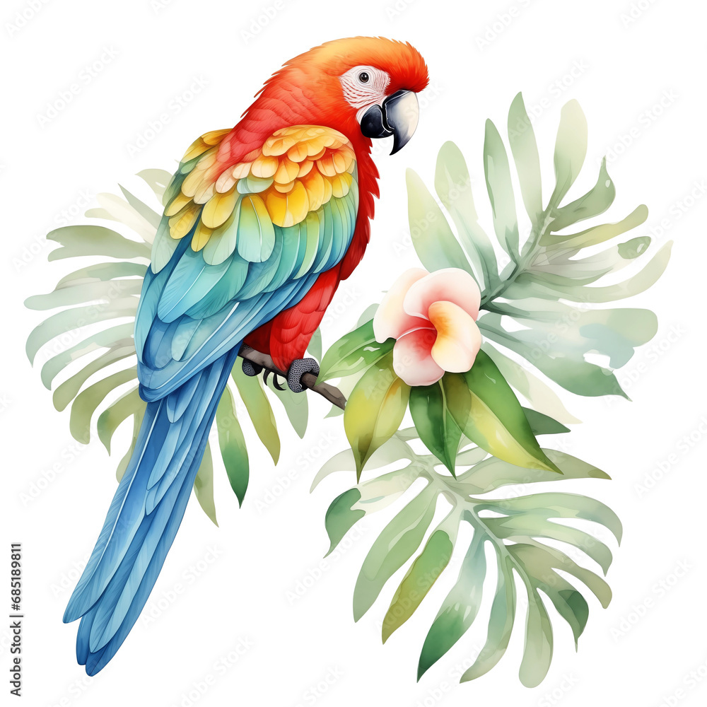 Obraz premium vibrant watercolor parrot perched among tropical leaves and flowers on a white background