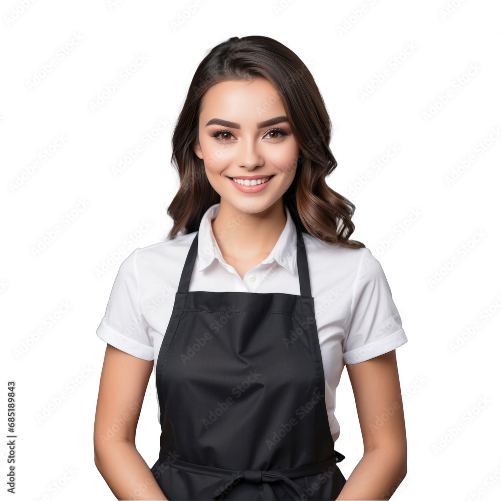 Female barista with apron isolated on transparent background - obrazy, fototapety, plakaty 