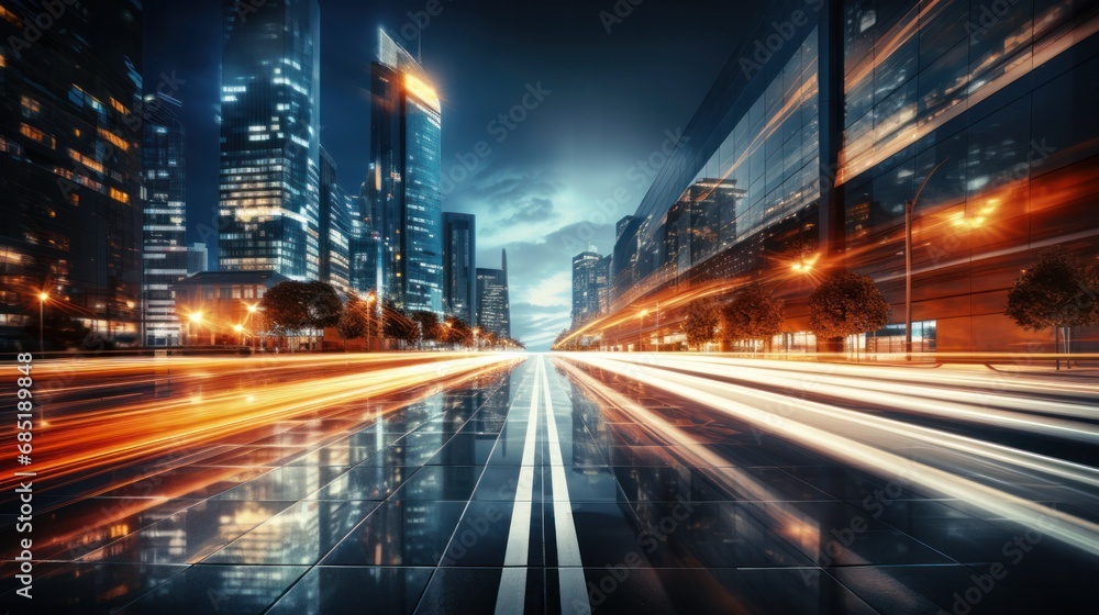 Obraz premium Light trails on the modern building background. Light trails at night in urban environment, Abstract Motion Blur City, traffic, transportation, street, road, speed