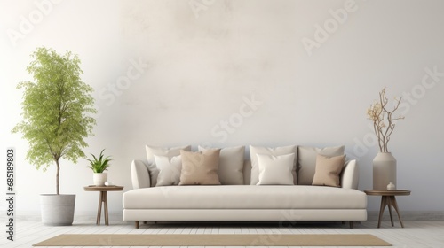interior design of modern living room with beige fabric sofa and cushions. White wall with frame and space for text, living, furniture © pinkrabbit