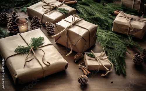 Christmas gifts wrapped in eco-friendly kraft paper, decorated with sprigs of pine and tied with biodegradable jute twine