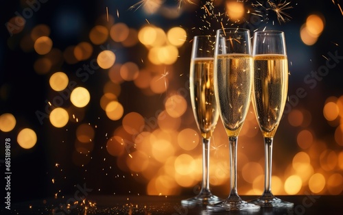 A festive New Year's background featuring a sparkling glass of champagne placed next to a burning sparkler