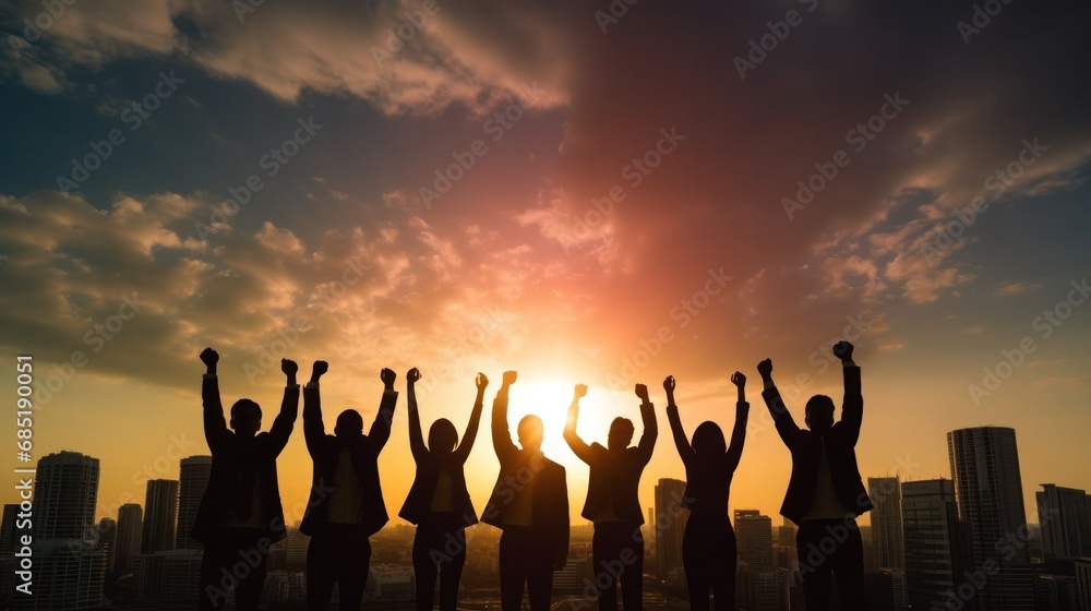 Silhouette of business team stand and feel happy on the most hight at stand on sunset, success, leader, teamwork, target, Aim, confident, achievement, goal, on plan, finish, generate by AI Silhouette of business team stand and feel happy on the most hight at stand on sunset, success, leader, teamwork, target, Aim, confident, achievement, goal, on plan, finish, generate by AI